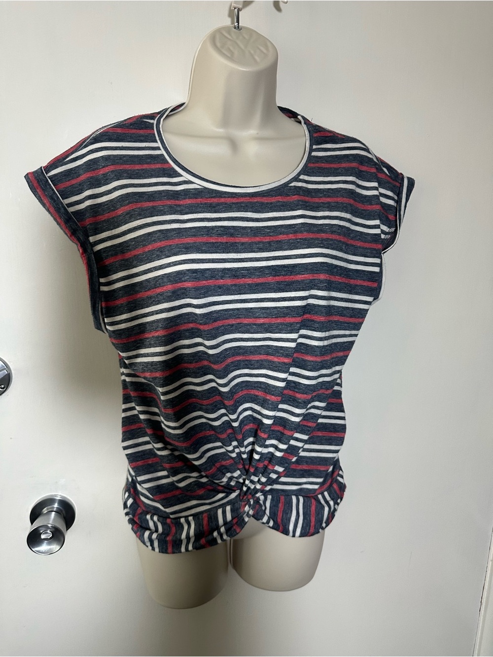 Lucky Brand Striped Knot-Front Short Sleeve Tee - Black, White & Red